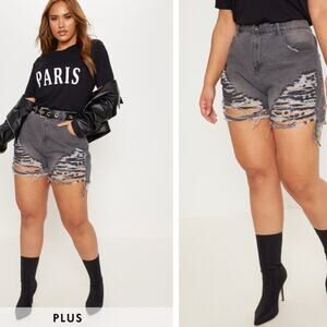 NEW Prettylittlething plus grey extreme rip denim shorts